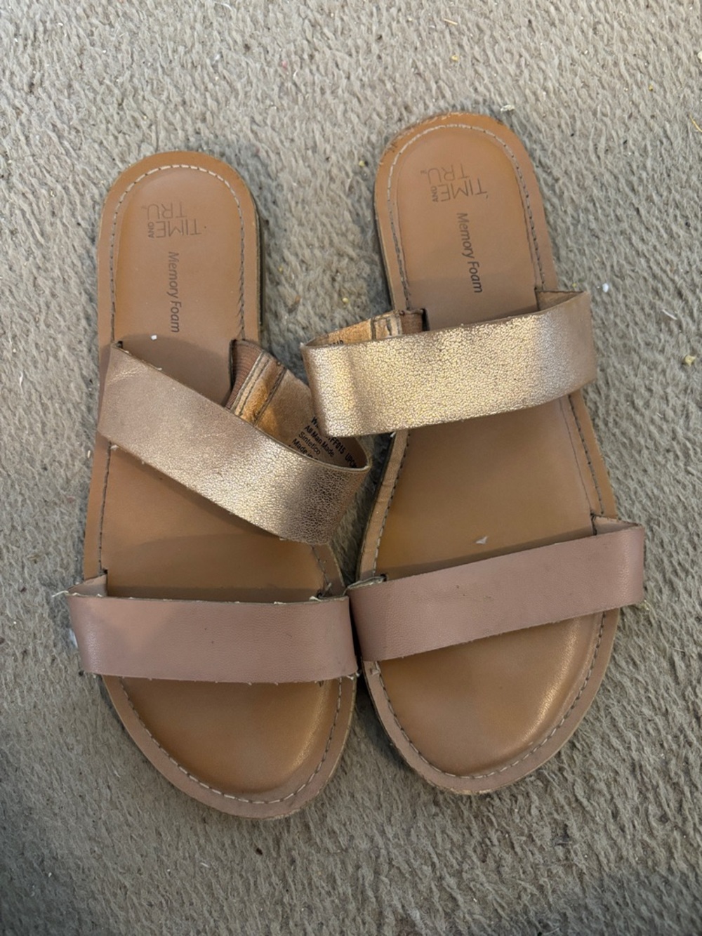 Time and Tru Rose Gold and Tan Double-Strap Slide Sandals